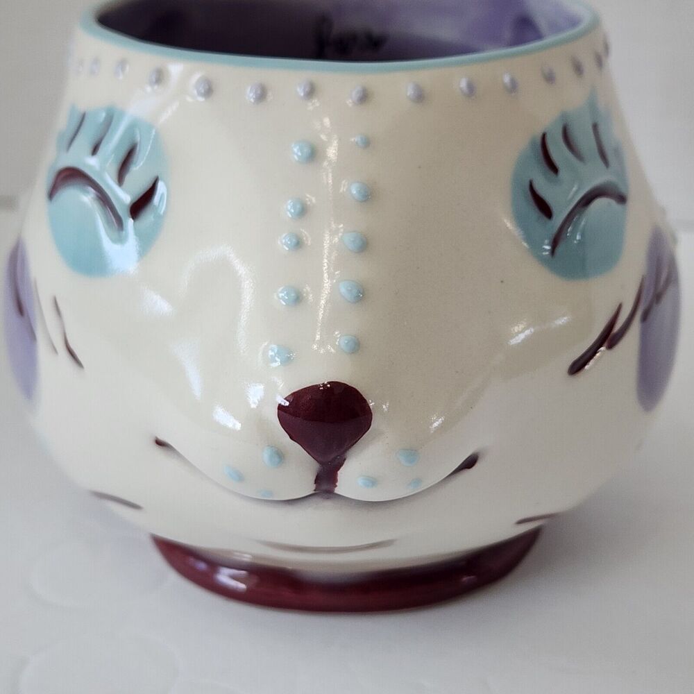 Anthropologie Coffee Mug Fox Face Hers Purple Blue White Anamorphic